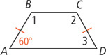 Trapezoid ABCD has sides AB and CD congruent. Angle A is 60 degrees. Angle 1 is at B, angle 2 at C, and angle 3 at D.