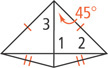 A kite, with top two sides congruent. has horizontal and vertical diagonals forming four triangles. The top right triangle has a 45-degree angle at the top, angle 1 at the intersection, and angle 2 on the right. The top left triangle has angle 3 at the top.