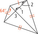 A kite, with top and left sides congruent, has diagonals forming four triangles. The left triangle has a 64-degree angle on top. The top triangle has angle 1 at the intersection and angle 2 at top right. The bottom triangle has angle 3 at the intersection.