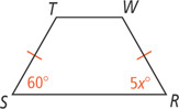 Trapezoid RSTW has sides ST and RW congruent, with angle R measuring 5x degrees, and angle S measuring 60 degrees.