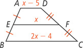 Trapezoid AD, with side AD measuring x minus 5 and side BC measuring 2x minus 4, with midsegment EF, from AB to CD, measuring x.