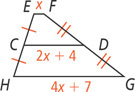 Trapezoid EFGH, with side EF measuring x and side GH measuring 4x + 7, has midsegment CD, from EG and FG, measuring 2x + 4.