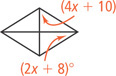 A rhombus has vertical and horizontal diagonals, forming an angle at the top vertex measuring (4x + 10) degrees and an angle at the right vertex measuring (2x + 8) degrees.