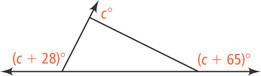 A triangle has exterior angles measuring c degrees, (c + 28) degrees, and (c + 65) degrees.