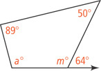 A quadrilateral has an interior angle m degrees with exterior angle 64 degrees, and other three interior angles measuring a degrees, 89 degrees, and 50 degrees.