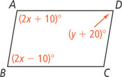 Quadrilateral ABCD has angle A (2x + 10) degrees, angle B (2x minus 10) degrees, and angle D (y + 20) degrees.