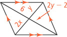 A quadrilateral has two pairs of parallel sides. The diagonals intersect, with one divided into segments measuring 6 and 2y minus 2, and the other divided into segments measuring 2x and y.
