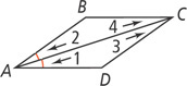 Parallelogram ABCD has diagonal ABCD forming angle 1 at DAC congruent to angle 2 at BAC, angle 3 at DCA, and angle 4 at BCA.