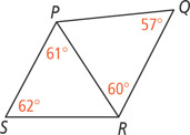 Quadrilateral PQRS, with angle Q 57 degrees and angle S 62 degrees, has diagonal PR, with angle SPR 61 degrees and angle QRP 60 degrees.