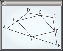 A geometry software screen displays quadrilateral ABCD, with segments connecting midpoints E on side AB, F on side BC, G on side CD, and H on side AD.