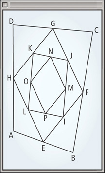 A geometry software screen displays quadrilateral ABCD, with segments connecting midpoints forming quadrilateral EFGH. Midpoints of EFGH are connected to form quadrilateral IJKL. Midpoints of IJKL are connected to form quadrilateral MNOP.