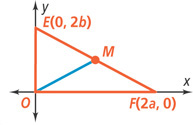 A graph of triangle OEF has vertices O(0, 0), E(0, 2b), and F(2a, 0). A segment extends from O to M on side EF.
