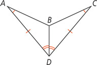Triangles ABD and CBD share side BD, with angles A and C congruent, sides AD and CD congruent, and angles ADB and CDB congruent.
