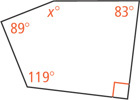 A pentagon has one interior angle as a right angle, with other interior angles measuring 119 degrees, 89 degrees, x degrees, and 83 degrees.