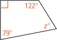 A quadrilateral has one interior angle as a right angle, with other interior angles measuring 79 degrees, z degrees, and 122 degrees.