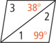 A parallelogram has diagonal from bottom left to top right forming two triangles. The triangle to the right has bottom right angle 99 degrees, angle 1 at bottom left, and angle 2 at top right. The left triangle has top right angle 38 degrees and angle 3 at the top left.