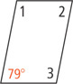 A parallelogram has bottom left angle 79 degrees, angle 1 at top left, angle 2 at top right, and angle 3 at bottom right.