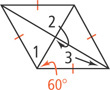 A rhombus has two diagonals forming four triangles. The left triangle has angle 1 at the bottom. The bottom triangle has bottom left angle measuring 60 degrees, angle 2 at the top, and angle 3 at the bottom right.