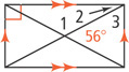 A quadrilateral has two pairs of parallel sides and a right angle. Diagonals form four triangles. The top triangle has angle 1 at the intersection and angle 2 at top right. The triangle on the right has a 56 -degree angle at the intersection and angle 3 at the top.