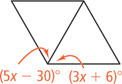 A rhombus has a diagonal forming angles measuring (5x minus 30) degrees and (3x + 6) degrees at one vertex.