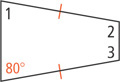 A trapezoid has top and bottom sides congruent. The bottom left angle is 80 degrees. Angle 1 is at top left, angle 2 at top right, and angle 3 at bottom right.