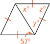 A quadrilateral has all sides congruent with a diagonal from top left to bottom right forming two triangles. The left triangle has bottom right angle measuring 57 degrees. The triangle on the right has top left angle x degrees, bottom angle y degrees, and top right angle z degrees.