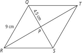 Rhombus QRST, with side QR measuring 9 centimeters, has diagonals QS and RT intersecting at P, with segment QP measuring 4.5 centimeters.