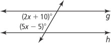 A transversal intersects two horizontal lines, g above h. Left of the transversal, the angle below g is (2x + 10) degrees and the angle above h is (5x minus 5) degrees.