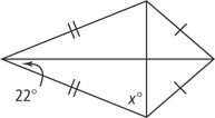A kite, with left two sides congruent, has horizontal and vertical diagonals forming four triangles. The bottom left triangle has top left angle 22 degrees and bottom angle x degrees.