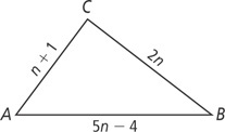 Triangle ABC has side AB measuring 5n minus 4, side BC measuring 2n, and side AC measuring n + 1.