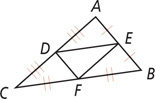 Triangle ABC has midsegments connecting D on side AC, E on side AB, and F on side BC.