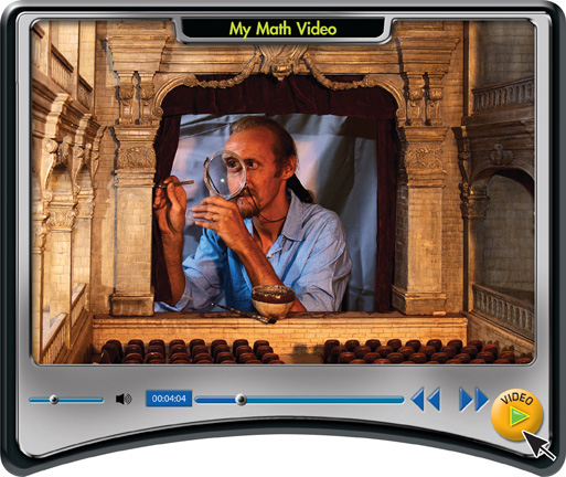 A My Math Video screen displays an artist working on a model of an ancient theater.