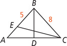 Triangle ABC has segment BD to D on side AC and segment CE to E on side AB, with segment BE measuring 5 and segment BC measuring 8.