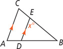 Triangle ABC has segment DE from D on side AB to E on side BC, parallel to side AC. Angle DEB measuring x degrees.