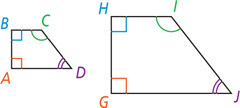 Between small quadrilateral ABCD and larger quadrilateral GHIJ, right angle A corresponds to right angle G, right angle B corresponds to right angle H, angle C corresponds to angle I, and angle D corresponds to angle J.