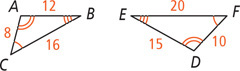 Triangles ABC and DEF have congruent angles A and D, B and E, and C and F. Side AB measuring 12 corresponds to side DE measuring 15. Side BC measuring 16 corresponds to EF measuring 20. Side AC measuring 8 corresponds to DF measuring 10.