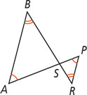 Triangles ABS and PRS share vertex S, with angles A and P congruent and angles B and R congruent.