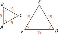 Triangle ABC has all three angles congruent and all sides measuring 9. Triangle DEF has all three angles congruent to the angles in ABC, with all sides measuring 15.