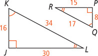 Triangles JKL and PQR have congruent angles J and P, K and Q, and L and R. Side JK measures 16 and side PQ measures 8. Side KL measures 34 and side QR measures 17. Side JL measures 30 and side PR measures 15.