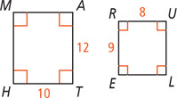 Rectangle MATH has height sides MH and AT measuring 12 and width sides MA and HT measuring 10. Rectangle RULE has height sides RE and UL measuring 9 and width sides RU and EL measuring 8.