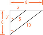 A triangle with sides measuring 6, 8, and 10 has a segment measuring 5 forming a smaller triangle, with side y on the side measuring 6 and side x on the side measuring 8. The lower left angles of the triangles are congruent.