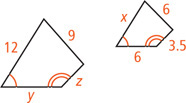 Two quadrilaterals have bottom left angles congruent and bottom right angles congruent. One has bottom side y, left side 12, top side 9, and right side z. The other has bottom side 6, left side x, top side 6, and right side 3.5.
