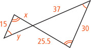 Two triangles share a vertex, with other two pairs of angles congruent. The smaller triangle has sides x, y, and 15 and the larger has sides 25.5, 37, and 30. The sides measuring x and 25.5 form a line and sides measuring y and 37 form a line.