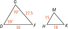 Two triangles share a vertex, with other two pairs of angles congruent. The smaller triangle has sides x, y, and 15 and the larger has sides 25.5, 37, and 30. The sides measuring x and 25.5 form a line and sides measuring y and 37 form a line.