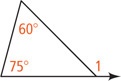 A triangle has interior angles measuring 60 degrees and 75 degrees with angle 1 as the exterior angle of the third angle.