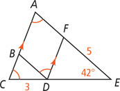 Triangle ACE has segment DF parallel to AC, from D on side CE, a distance 3 from vertex C, to F on side AE, a distance 5 from vertex E. Angles A, C, and BDF are congruent, and angle E is 42 degrees.