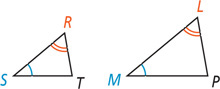 Between triangles SRT and MLP, angles S and M are congruent and angles R and L are congruent.