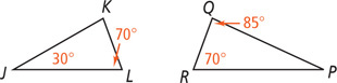 Triangle JKL has angle J 30 degrees and angle L 70 degrees. Triangle PQR has angle Q 85 degrees and angle R 70 degrees.