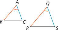 Between triangles ABC and QRS, angles A and Q are congruent, sides AB and QR corresponding, and sides AC and QS corresponding.