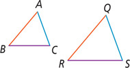 Between triangles ABC and QRS, sides AB and QR correspond, sides AC and QS correspond, and sides BC and RS correspond.